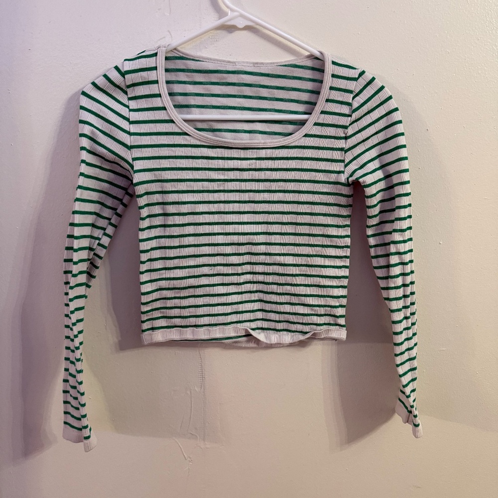 Womens green and white striped cropped top. M/L.